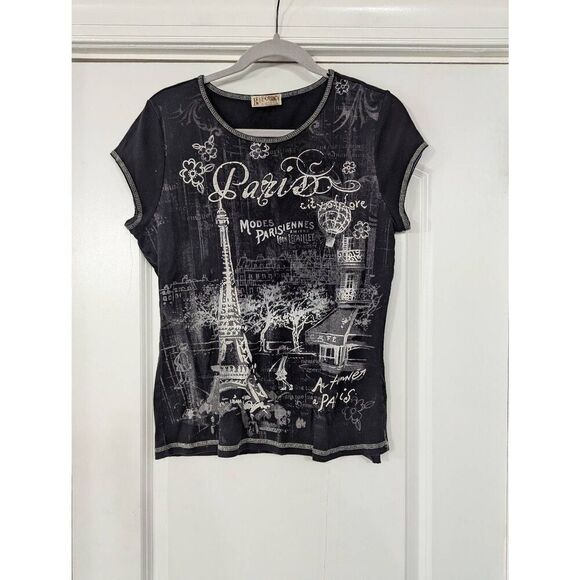 Vintage Y2K/90s T-shirt women's Large black‎ Paris studs allover graphic - Picture 1 of 7